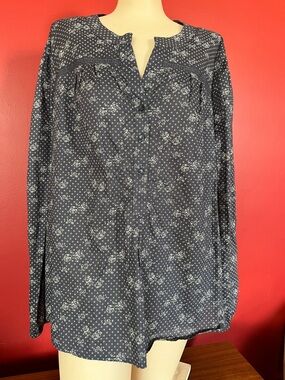 New Faded Glory Navy 3 Button-Up Shirt with White Micro Floral Print